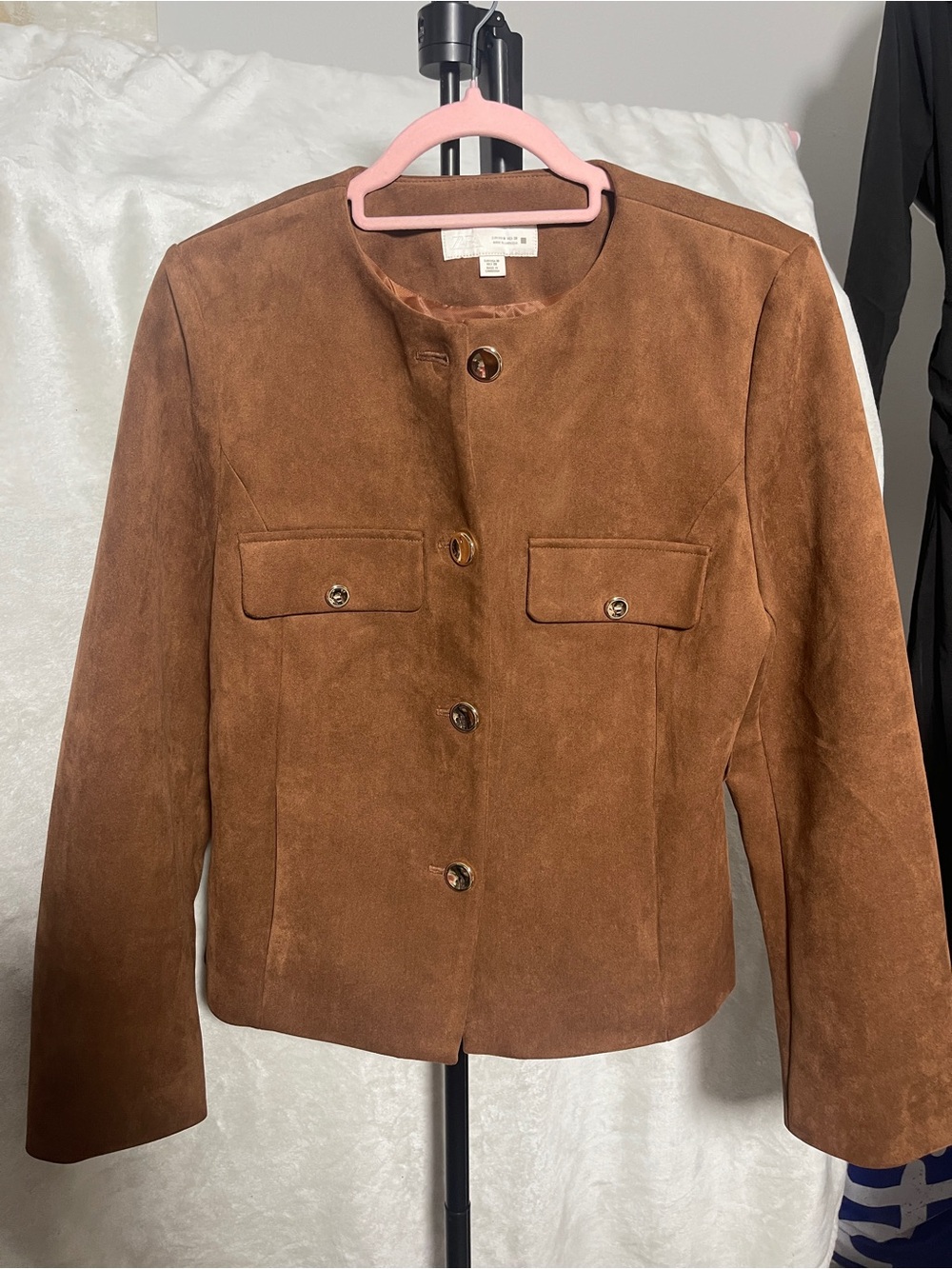 Zara Brown Suede Collarless Button Jacket